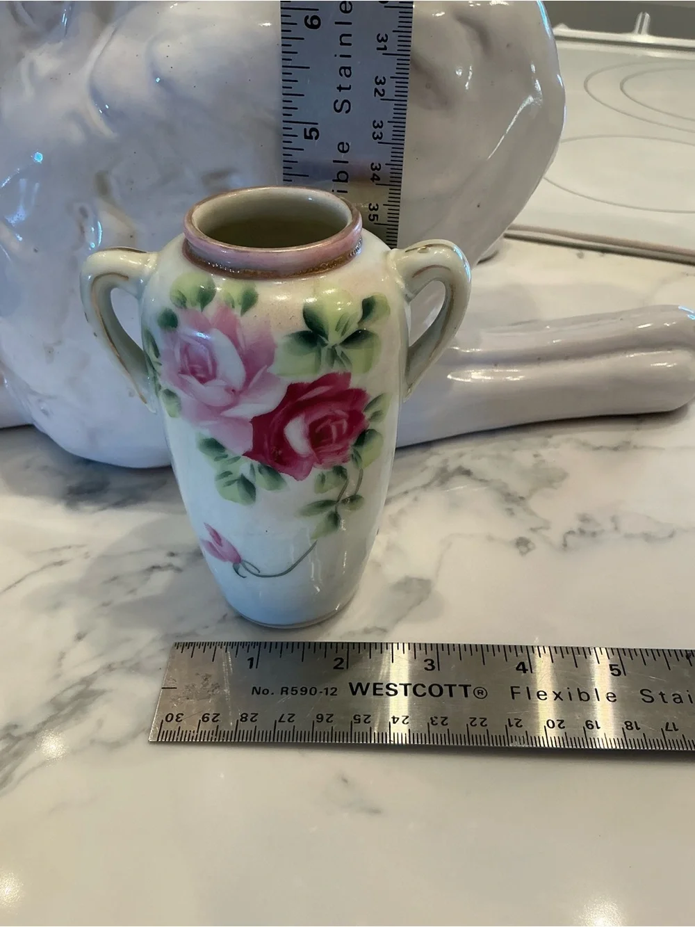Nippon Hand-Painted Rose Porcelain Double-Handled Vase in Pink and Red